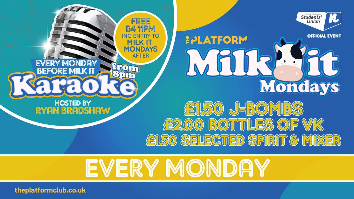 Ryan Bradshaw (@yourvpuniondev) on Twitter photo 📢 KARAOKE 🎤🎤 kicking off at 8pm in the platform club. Free entry before 11pm! If you missed the madness last week dont worry as tonight is looking to be a messy one👀🤪 
Drink deals: 
£1.50 spirit & mixer 
£1.50 J Bombs 
£2 VK
Get ready for what is set to be a mental night🤪 📢 KARAOKE 🎤🎤 kicking off at 8pm in the platform club. Free entry before 11pm! If you missed the madness last week dont worry as tonight is looking to be a messy one👀🤪 
Drink deals: 
£1.50 spirit & mixer 
£1.50 J Bombs 
£2 VK
Get ready for what is set to be a mental night🤪