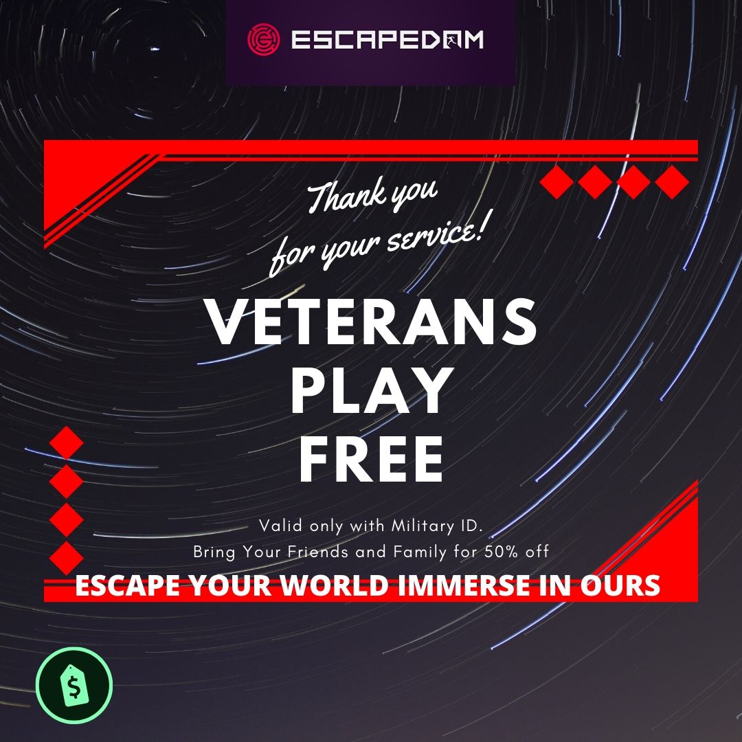 Escapedom's tweet photo. We want to express our gratitude to the Veterans that have served our country. 🙏Come and play an escape room on us, and bring your friends and family for half price tickets all day long on November 11th! https://t.co/v5Vt8eGrOD Promo Code NEVER4GET Must show Military ID #veteran https://t.co/vcTPgKGXLa
