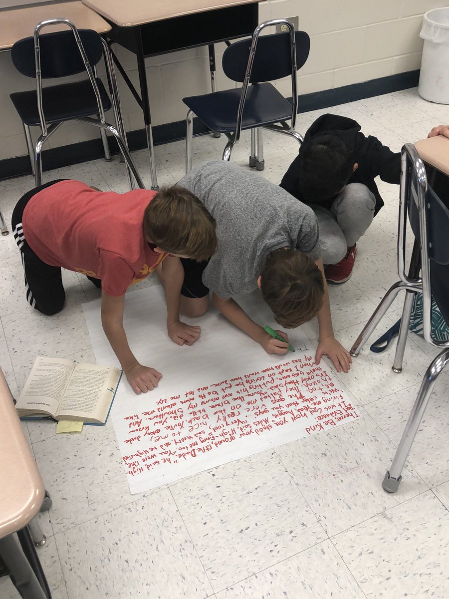 JenT5116's tweet image. Students are finding text evidence to support the themes in Wonder. #textevidence #theme