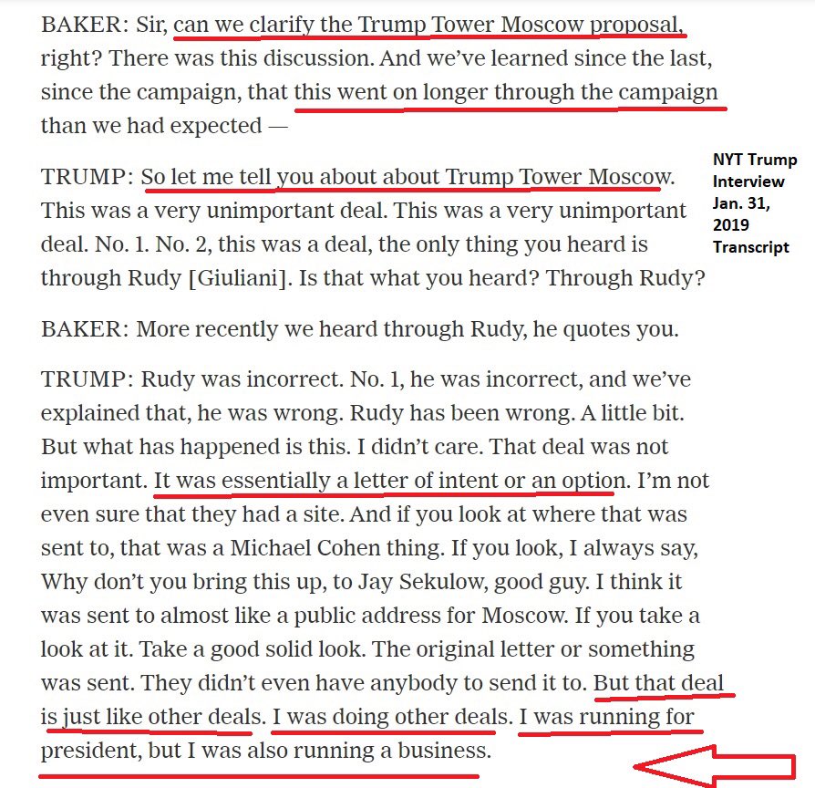 12/ WHEN LAWYERS LIE: “If it wasn't a ‘big deal’ why are Trump's lawyers lying? Why does he lie to the American public?“Trump admitted in NYT intervu there was a deal but he never admits till things come out and after he has his lawyers lie on TV. (See attached 302 report).”-TG