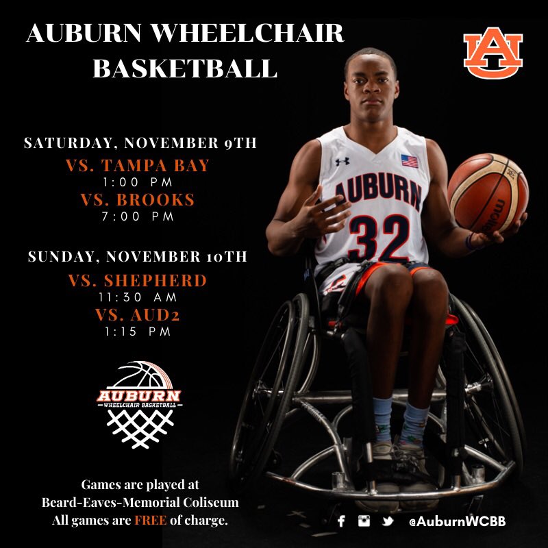Auburn_Adapted's tweet photo. Back home this weekend for another slate of games. Come out to Beard-Eaves-Memorial Coliseum Saturday and Sunday to catch Auburn Wheelchair Basketball in action. 
War Eagle! 🐅👍🏻
#WarEagle #Auburn #AuburnBasketball https://t.co/LGUWp4IJuE