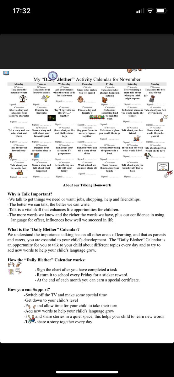 Primary one children have been set 'daily blether' homework. Please have a wee chat with your child on the topic suggested on the calendar. Why not include the whole family! #dailyblether #itsgoodtotalk