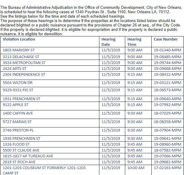 CodeOrleans's tweet photo. Here's Code Enforcement's hearings schedule for October. Do you live near one of these properties? Neighbors are invited to attend and may also bring recent photos and share testimony indicating continued conditions of public nuisance and blight. #CityofYes #FighttheBlight https://t.co/0tfA7xh3ig