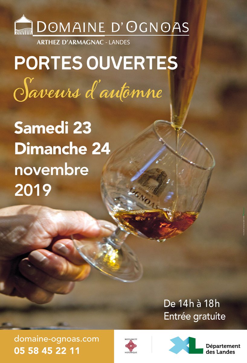 DomaineOgnoas's tweet photo. [ PORTES OUVERTES ] au Domaine d'#Ognoas 🚪🍇🥃
Du 23 au 24 novembre 2019, le plus vieil #alambic de #Gascogne (#MonumentHistorique) du #DomainedOgnoas vous invite à sa nouvelle campagne de #distillation à #ArthezdArmagnac #Landes ✨
#Armagnac https://t.co/gzHwAXhmjG
