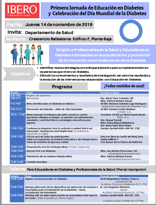 El Departamento de Salud de la Ibero invita a la 1era Jornada de Educación en #Diabetes, 14 de Noviembre. #IBERO  #Nutrición #Gratuito