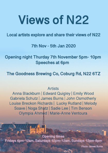 See my work in #ViewsofN22 @TheGoodnessBrewCo  p.v  Thurs 7/11 from 5pm. Artists from across &amp; around Wood Green explore &amp; share their views of the local area. There will b amazing art, great beer &amp; pizza. Pick up a map &amp; start your N22 Open Studios trail here #WeCreateWoodGreen