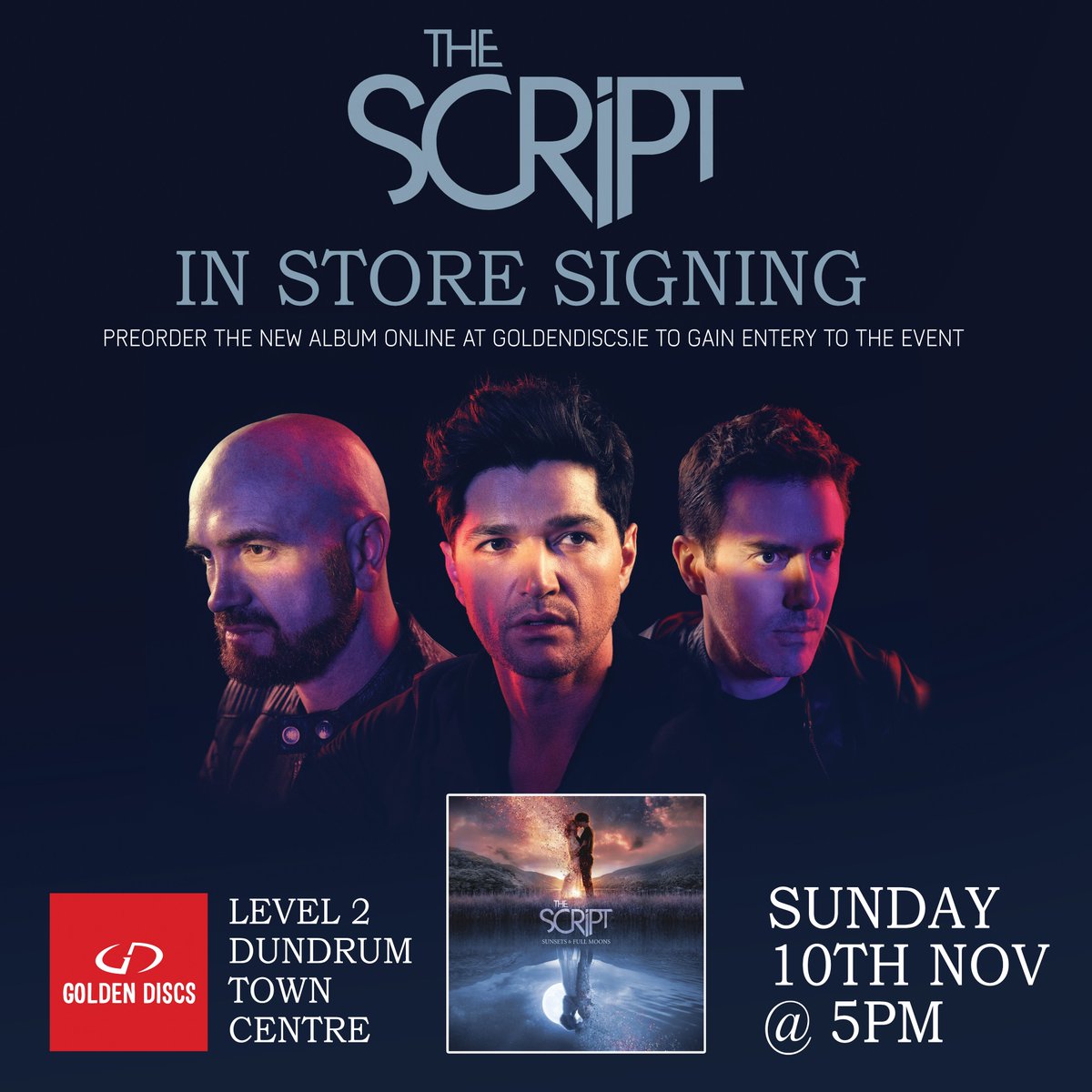 We are delighted to announce @thescript will be with us to sign their new album in @DundrumTC THIS SUNDAY 10th Nov from 5pm!! To gain entry, pre-order their new album in store or here >> goldendiscs.ie/collections/su…
#TheScript #GoldenDiscs #albumsigning #IrishMusic