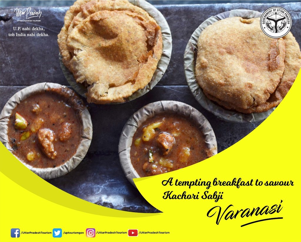 Kachori Sabji is the highly demanded breakfast of Varanasi. The fluffy Kachori's are stuffed with a blend of lentils and spices and served with spicy aloo curry. The next time you happen to be in Varanasi, head to the nearby market and try a plateful of Kachori Sabji . #UPTourism