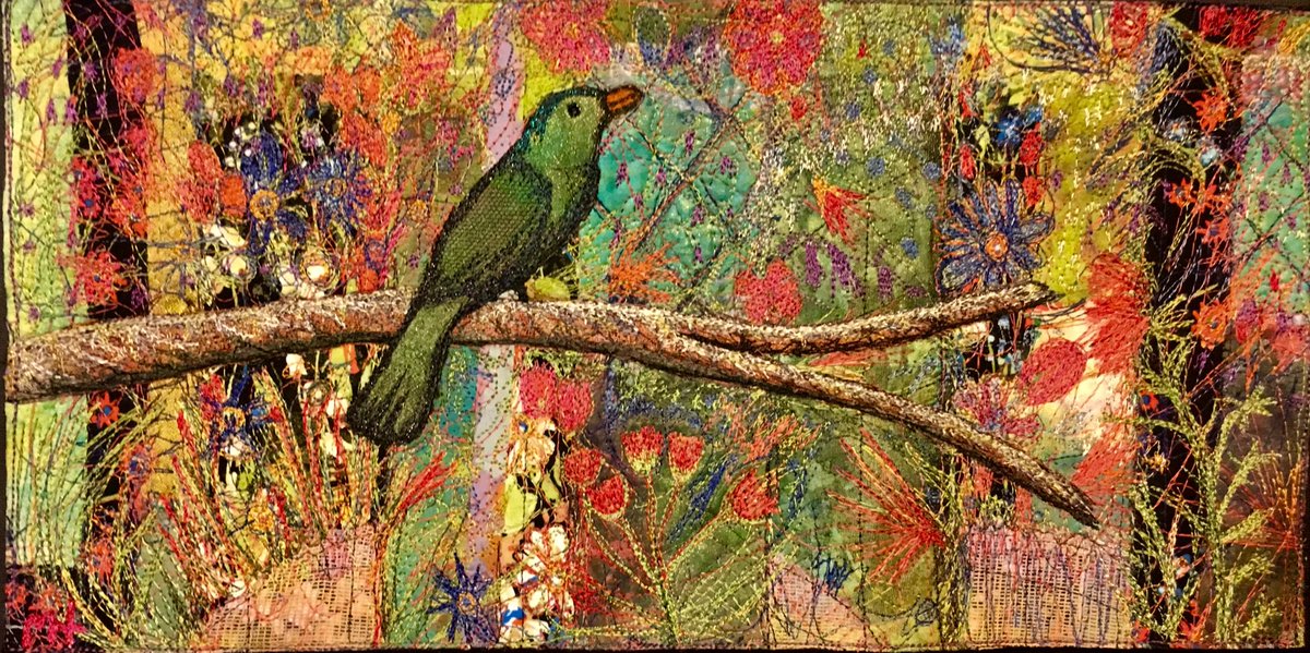 margarethage's tweet photo. ‘Waiting for Summer’ a section of #studiowork completed today Current works use rescued materials reducing my need to purchase. #freemotionembroidery #repurposedfabric #monoprintedpapers #botanicaltheme #songbird #climateconcern #songbird #embroideryisart #textileart https://t.co/oD3DJ3KBzc