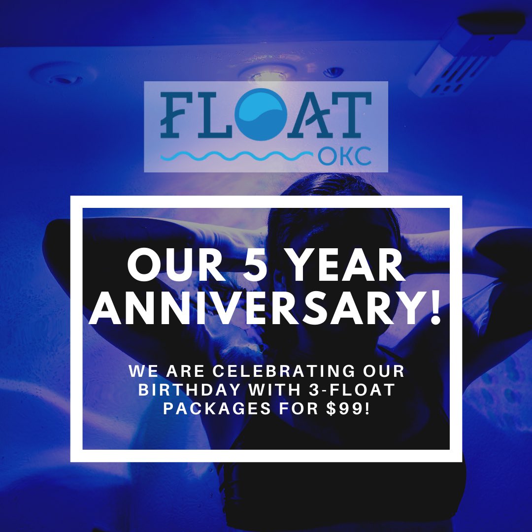 It’s our 5 year anniversary! To thank all of our customers we are having a 3 float for $99 special. Just use discount code ‘thankful’ online at Floatokc.com and book your floats today!