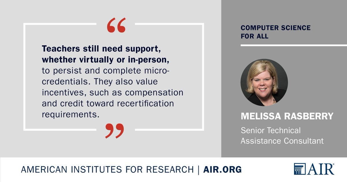 Education_AIR's tweet photo. Virtual communities, micro-credentials, and researcher-practitioner partnerships are three ways to prepare #compsci teachers. ICYMI: AIR's @MelRasberry and @josephpwilson provide insight into each strategy, in the latest from #AIRintheField. https://t.co/A0F2xzbrEv https://t.co/L1wmsvMBJn
