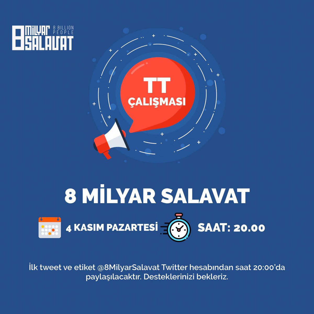 mersusTT's tweet photo. TT ÇALIŞMASINA DAVET

Değerli Dostlar, 

8 Milyar Salavat Projemiz için bu akşam saat 20:00'da TT çalışması yapılacaktır.

İlk tweet için @8milyarsalavat 'ı takipte kalalım. 

Desteklerinizi bekliyoruz. https://t.co/nyFj2kTC7n
