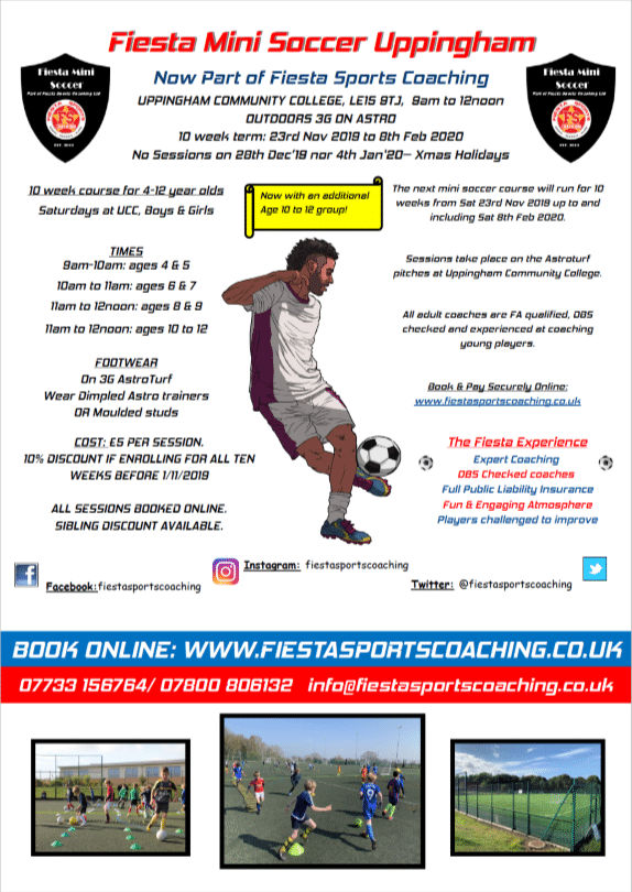 What's On Event: Fiesta Mini Soccer Uppingham: When: November 23, 2019 all-day Where: Uppingham Community College, London Rd, Uppingham, Oakham LE15 9TJ, UK Our football programme for girls and boys aged between 4 and 12 years is suitable for the first… dlvr.it/RHb6fn