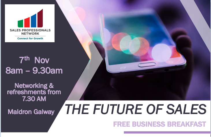 Join us for a business breakfast on the 'Future of Sales' with the Sales Professional Network, an initiative of the West <a href="/Regional_Skills/">Regional Skills</a> Forum. This free event is taking place on Thursday 7th November at 7:30am in <a href="/MaldronSandyRd/">MaldronSandyRoad</a>. #Sales Register here - galwaychamber.clearbookings.com/event/128985:b…