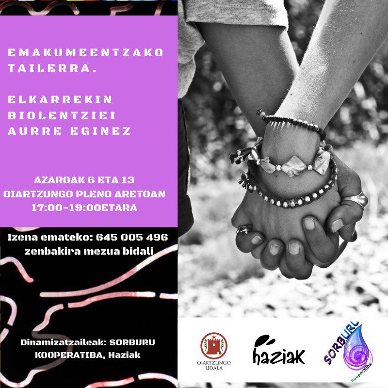 ✊🏽ELKARREKIN BIOLENTZIEI AURRE EGINEZ emakumeentzako tailer praktiko esperimentala.
Arazoak 6 eta 13 (egun batetara ere joan daiteke).
Antolaketa egun bakoitzean (2 fase)
  👄 Gaien kokapena, eztabaida... Dinamika praktikoez bitartez
  👣Lanketak 
gorputzaren bitartez
(1/2) >>>