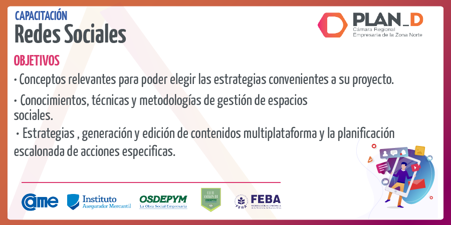 CamaraPlanD's tweet photo. En #PlanD te ofrecemos las mejores capacitaciones para que puedas crecer en el mercado.

📌 Redes Sociales
• 12 y 14 de Noviembre
•  Alvear 9 - #Martínez
• De 18:30 a 21:30 hs.

Inscribite 4793-9339 //
contacto@plande.org.ar

@redcame @ClubOsdepym  @Osdepym  @INSTITUTO_ASEG https://t.co/8Ad0CA2zoi