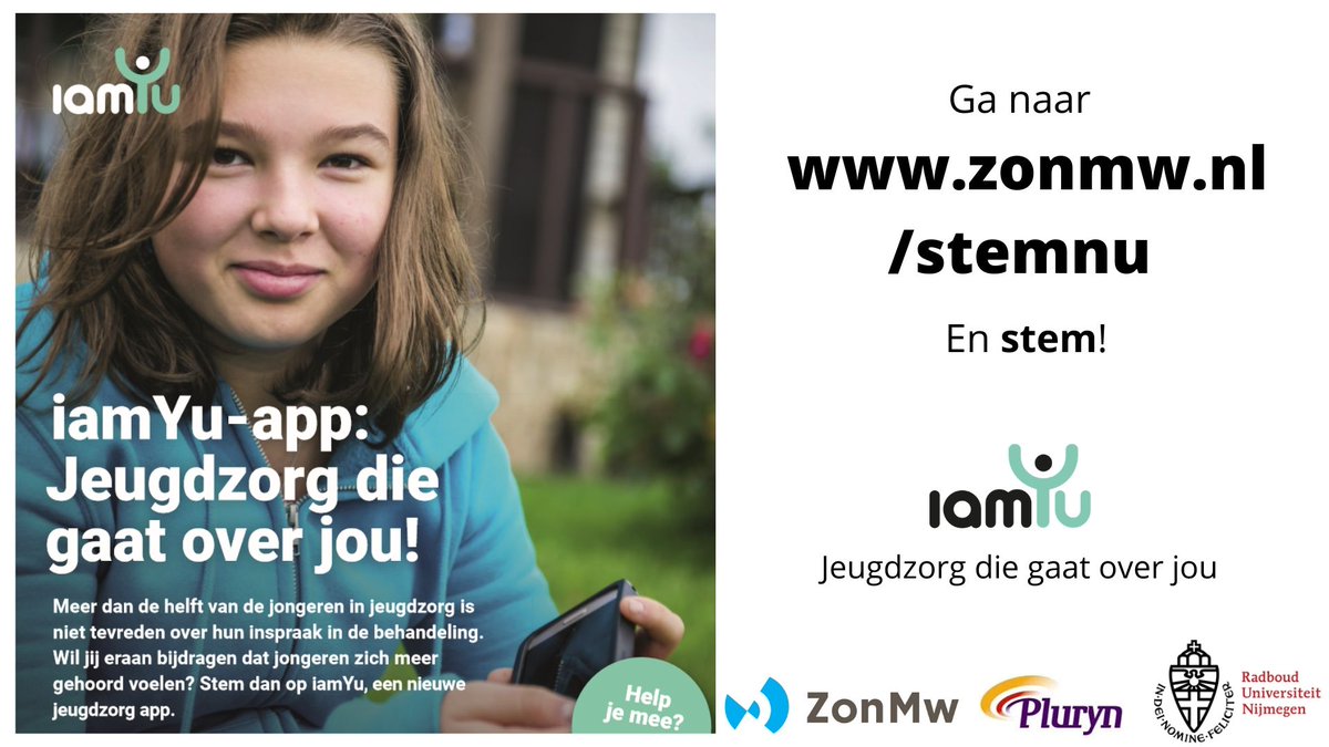 De jeugdzorg-app iamYu, een samenwerking van <a href="/Pluryn/">Pluryn</a>, <a href="/Radboud_Uni/">Radboud University</a> en Zorgbelang Inclusief, is genomineerd voor de Medische Inspiratorprijs! Tot 11 november kan iedereen stemmen en bijdragen dat jongeren zich meer gehoord voelen. zonmw.nl/stemnu