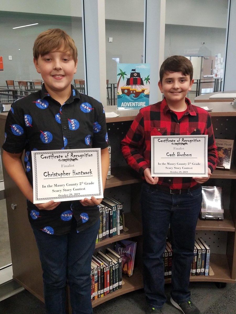 HampshireUnit's tweet photo. Congratulations to Cash Boshers and Christopher Huntwork for being finalists in the Maury County Scary Story contest. @lmillerlibrary https://t.co/05d7pw79xU