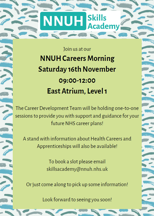 NNUHCareers's tweet photo. **Bookings Close Friday 8th November!**

There are limited spaces available for our NNUH Careers Morning on Saturday 16th November!

To book please email skillsacademy@nnuh.nhs.uk

Bookings close on Friday 8th November! https://t.co/KVZWFgVr2X