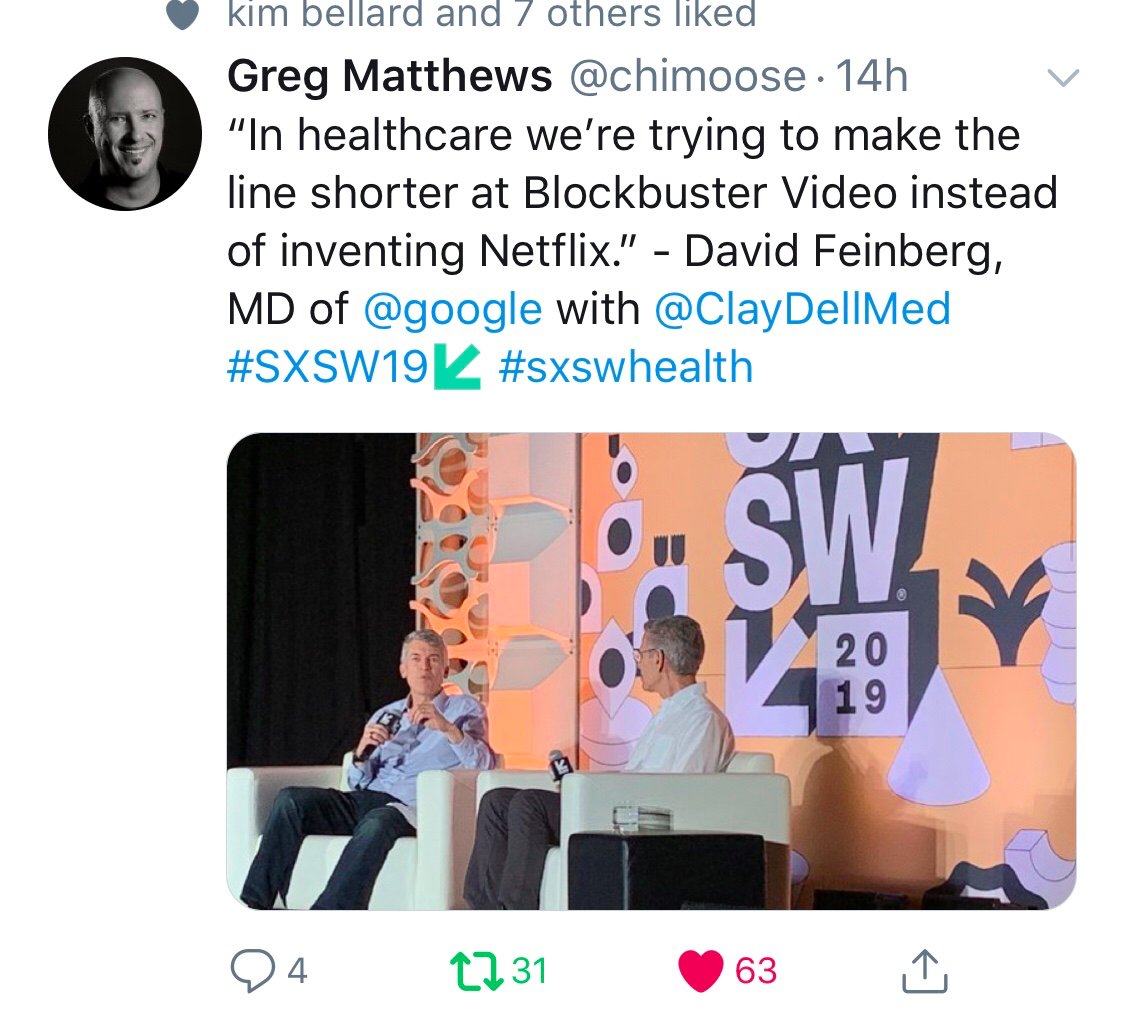 ZaynaKhayat's tweet photo. @briannacroft24 @AMSHealthcare @SEFutures Great analogy for how we solve all issues in healthcare -we add more $ to fund more beds, clinicians, pills, Dx tests ...
Similar to Elizabeth Teisberg's rotary phone vs iphone analogy, I also like this one overheard at @sxsw last year
#AMSCompassion19 @SEFutures https://t.co/kk7ThFWav9