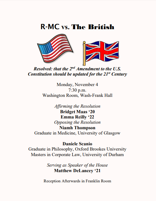 Tonight's debate at Randolph-Macon College will address "Resolved: that the 2nd Amendment to the U.S. Constitution should be updated for the 21st Century."