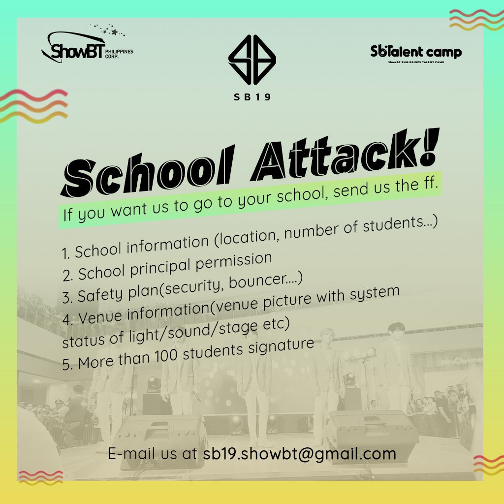 SB19Official's tweet photo. Anong school sa tingin niyo ang bibisitahin ng SB19? Gusto niyo ba silang pumunta sa inyong school?Send us the following at sb19.showbt@gmail.com. 

See you soon po! 🙂💞

#SB19SchoolAttack #SB19 #SB19_SEJUN #SB19_JOSH #SB19_STELL #SB19_KEN #SB19_JUSTIN https://t.co/0HJQQ0CkaN