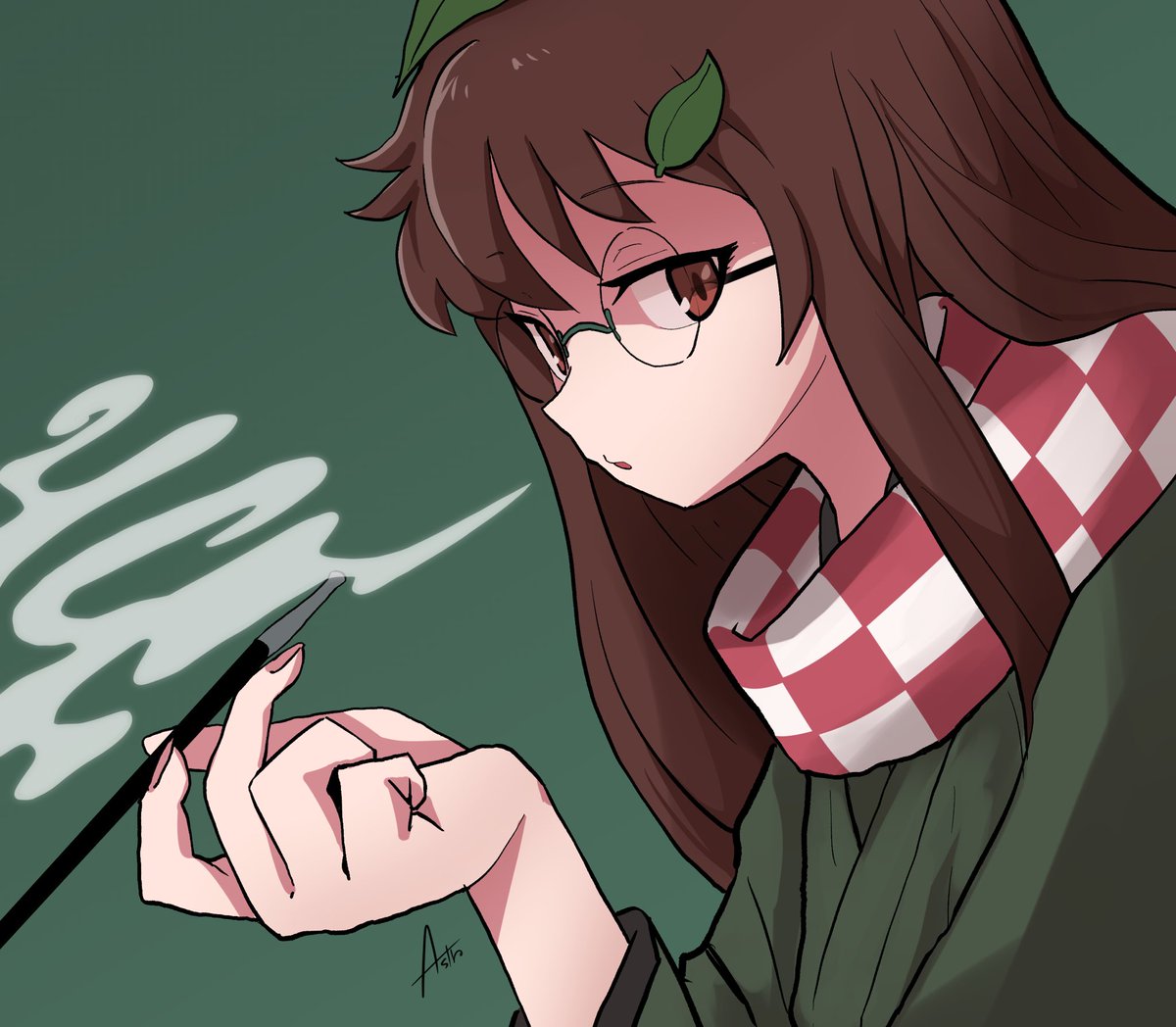 futatsuiwa mamizou 1girl brown hair scarf glasses brown eyes smoking pipe leaf  illustration images