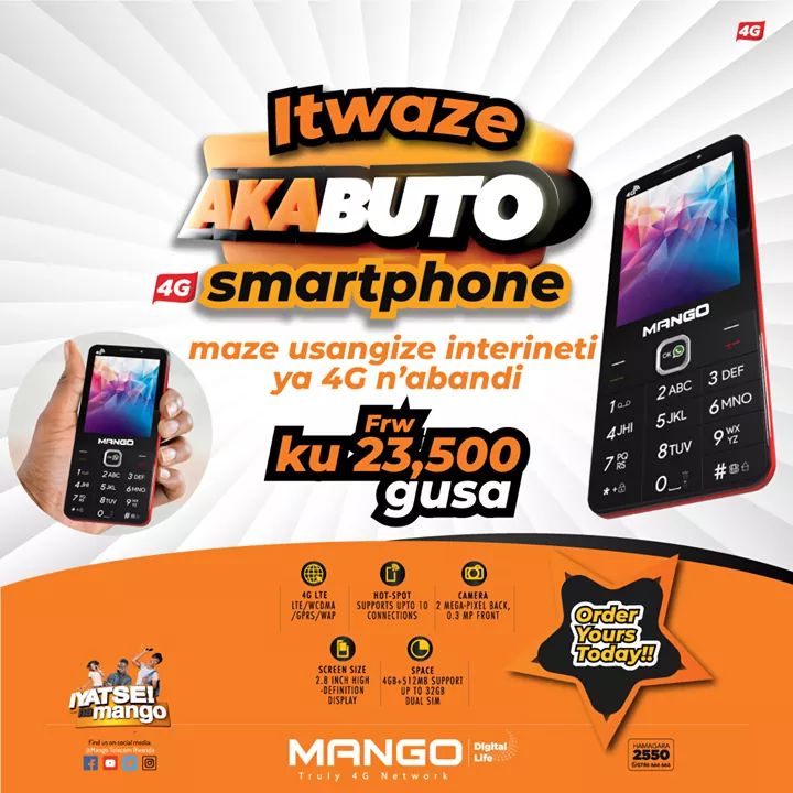 Mango4G's tweet image. Itwaze Akabuto 4G smartphone maze usangize interineti ya  4G n’abandi,
ku 23,500 Frw gusa.

#IyatseNaMango #Mango4G #4GUnlimiteddata #LTEspeed #Smartphones #NoBunddles #FastestInternet #MangoTelecom4G