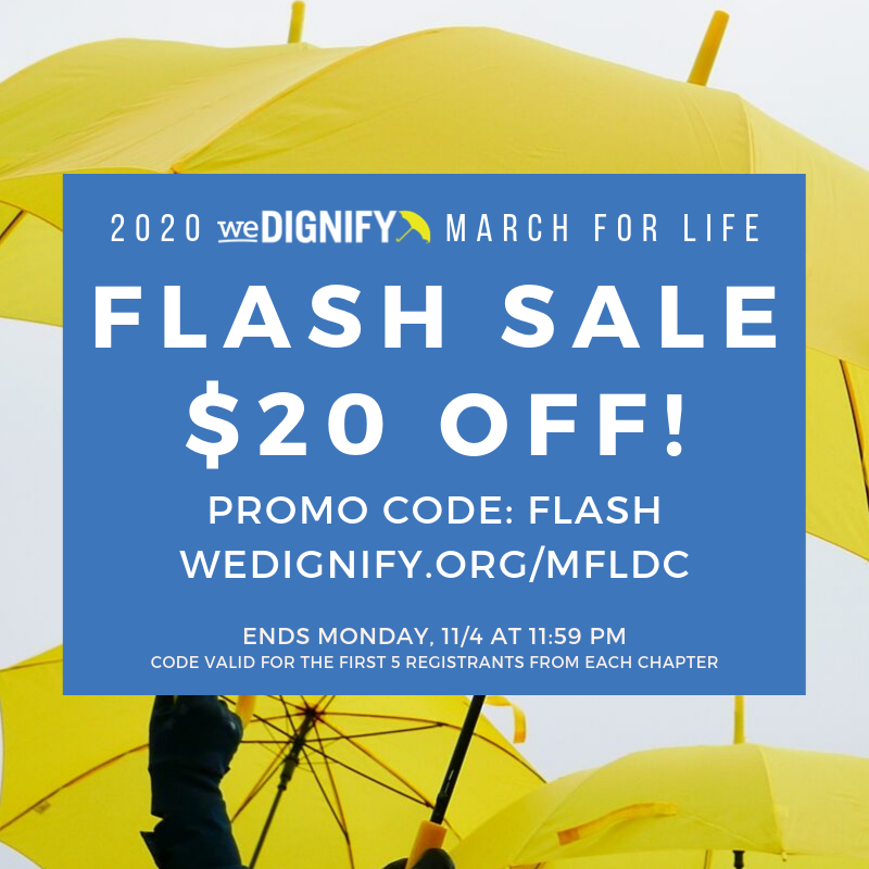 weDignify's tweet photo. ONE MONTH left of March for Life registration! Take advantage of this FLASH SALE and take $20 off of your registration price!
Hurry! This sale ends at midnight and is only available for the first 5 people per chapter page! Sign up now: https://t.co/51xkG0BD8n
#LovinLife https://t.co/L25tAtzCS6
