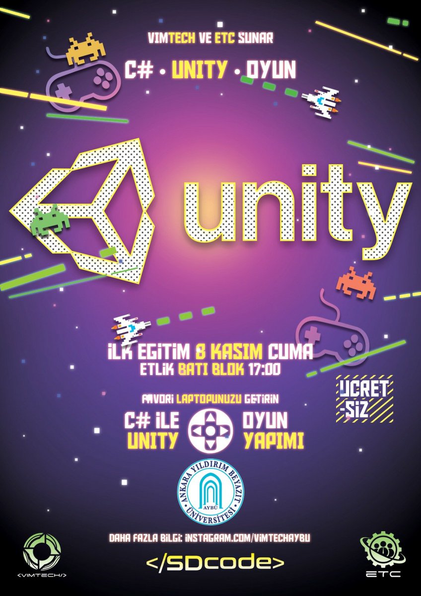 *C# Programlama ve Unity ile Oyun Geliştirme Eğitimi*
İlk eğitimin 6 Kasım Cuma 17:00'da yapılacağı Oyun Geliştirme eğitimine davetlisiniz.
Başlangıç eğitimleri *6 hafta* sürecek olup başvuru formu aşağıdaki linktedir.

forms.gle/ZNZTHtrvM6eaEx…