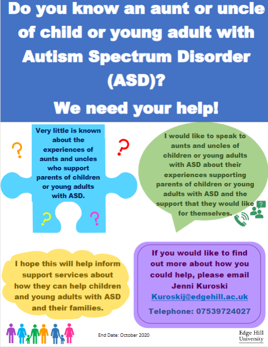 Are you an aunt/uncle who supports parents of children with Autism Spectrum Disorder (#ASD)? We need your help! For more information about this project bit.ly/2Pv6sjW or contact Jenni kuroskij@edgehill.ac.uk 07539724027 #callforparticipants #researchrecruitment #Autism