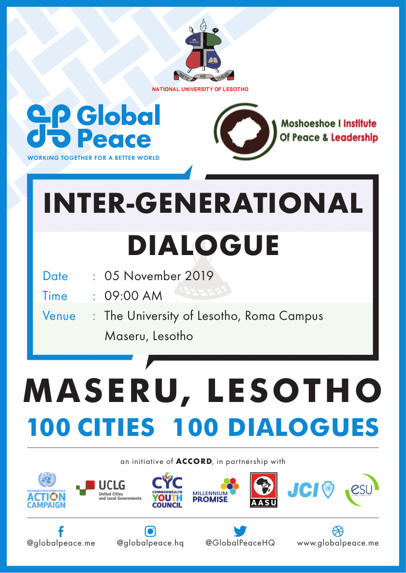 GlobalPeaceHQ's tweet photo. Tomorrow, @nul_roma & the Moshoeshoe Institute of Peace & Leadership will host a #IGD. If you’re in Maseru, join us & be part of the global conversation adding your name to the collective voices of people around the world! #Globalpeace #100Cities #100IGDs #GlobalGoals https://t.co/bNKZn2wNHj