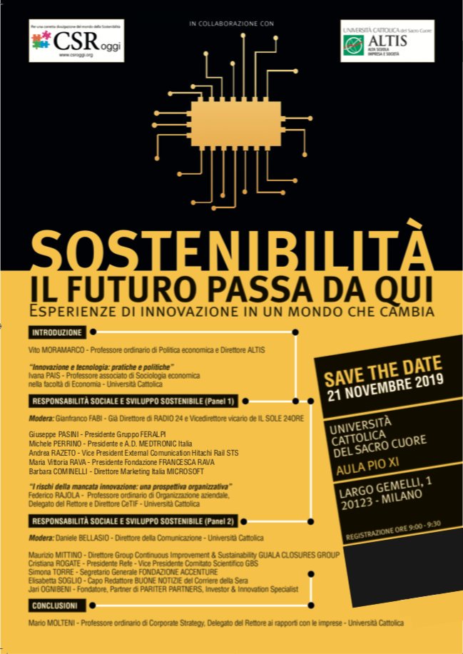 CsrOggi's tweet photo. Promemoria: ricordarsi di iscriversi al convegno "Sostenibilità il futuro passa da qui" in programma il 21 Novembre dalle ore 9.30 in Università Cattolica di Milano. È semplice, basta cliccare qui: 
https://t.co/02ggaWY9pm
#sustainability #innovations #csroggi https://t.co/ThlCLDP9Jy