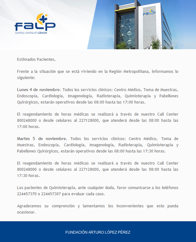 Querida comunidad FALP:
Informamos actualización de horarios de atención: