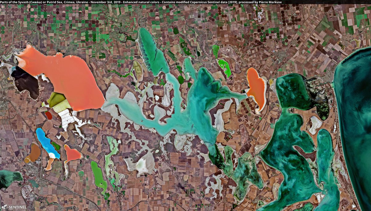 Pierre_Markuse's tweet photo. Parts of the #Syvash (Сива́ш) or Putrid Sea, #wetlands with shallow and mostly hypersaline lagoons and lakes, #Crimea, #Ukraine🇺🇦 3 November 2019 Enh. nat. col. #Copernicus #Sentinel-2🛰️ Full-size ➡️ https://t.co/OJbopSdTZg #RemoteSensing #OpenData #Сива́ш #Україна https://t.co/nGcObaqvzM