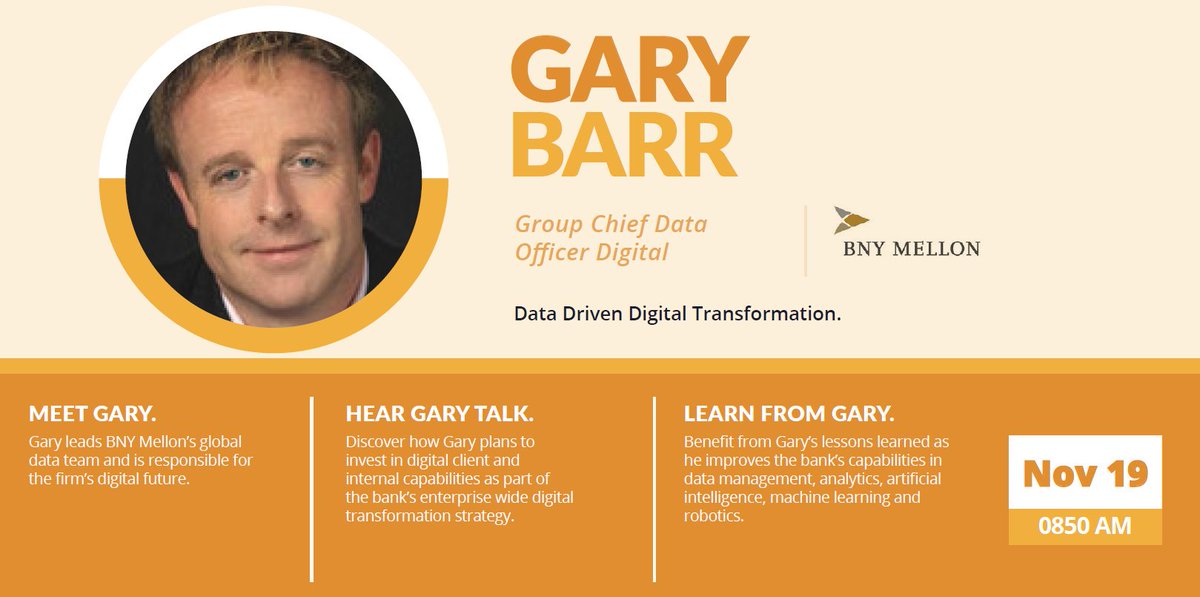 From <a href="/BNYMellon/">BNYMELLON</a>, Gary Barr will be speaking with you about how to implement data driven digital transformation at #FIMA. Discover more on this hot topic and more: bit.ly/2KXjK4W