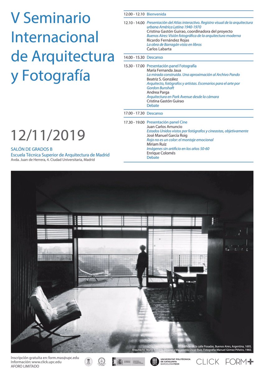 CLICK_UPC's tweet photo. El V Seminario Internacional de Arquitectura y Fotografía, organizado por el grupo de investigación Form+ @ETSABarcelona, en colaboración con @ETSAMadrid, se celebrará en la Escuela Técnica Superior de Arquitectura de Madrid, Salón de Grados B, de 12:00 a 19:00. Os esperamos! https://t.co/qCqfd7l1of
