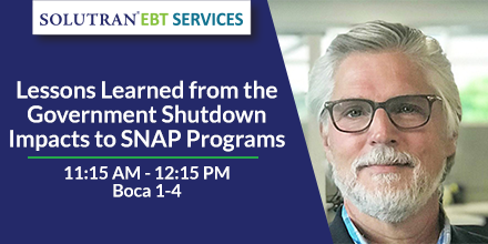 SolutranEBT's tweet photo. Join Walter Olfson in Boca 1-4 from 11:15 AM - 12:15 AM as he moderates a discussion about the impacts of the government shutdown and what we can learn from it. #EBT2019 https://t.co/KqJ4tYhUuC