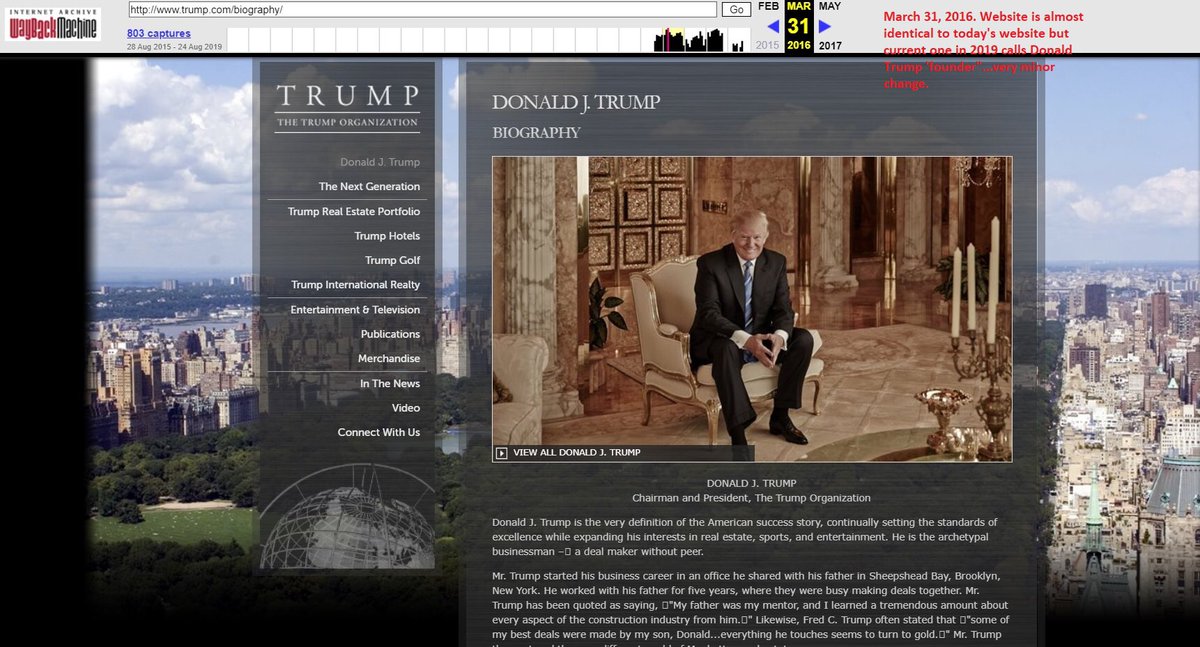 4/ SELF-ENRICHING: The screenshot on the left is from March 31, 2016—almost identical to long bio of Trump. The new website just calls him ‘founder’—a very minor change.“Clearly, Trump is pursuing his own businesses as part of being president.”- @tracygreen