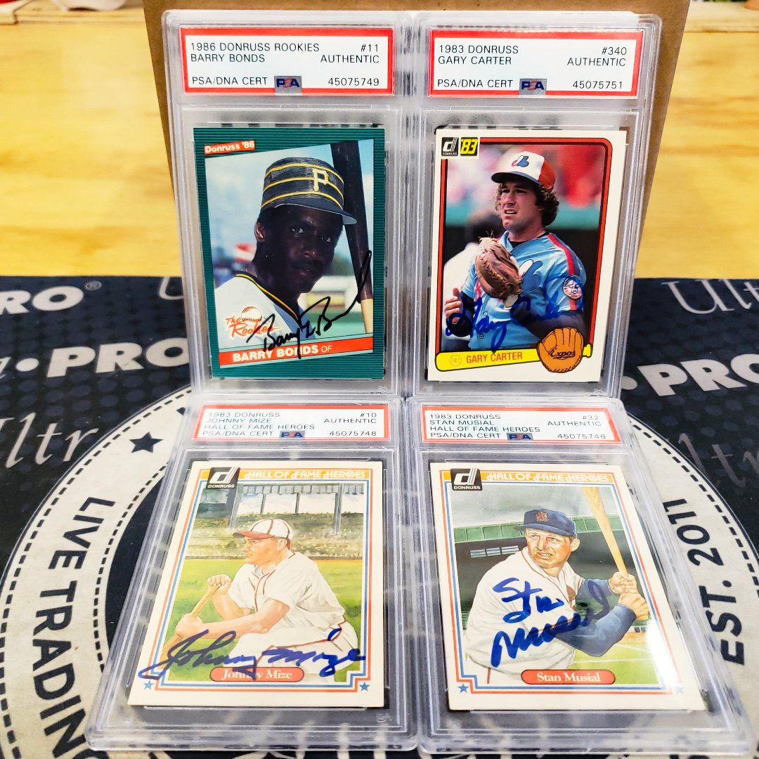 LiveCaseBreak's tweet photo. PSA Authentication submission came back for @GregHall26 with some beauties! #collectbaseballcards #professionalsportsauthenticator #mlb #BarryBonds #StanMusial #GaryCarter #JohnnyMize https://t.co/SSlRXNz5mG