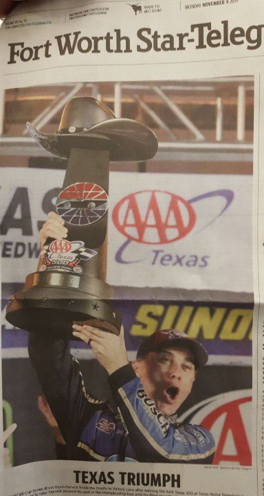 Pretty big front page for @KevinHarvick and #NADCAR in the Fort Worth Star Telegram this morning btw. @TXMotorSpeedway