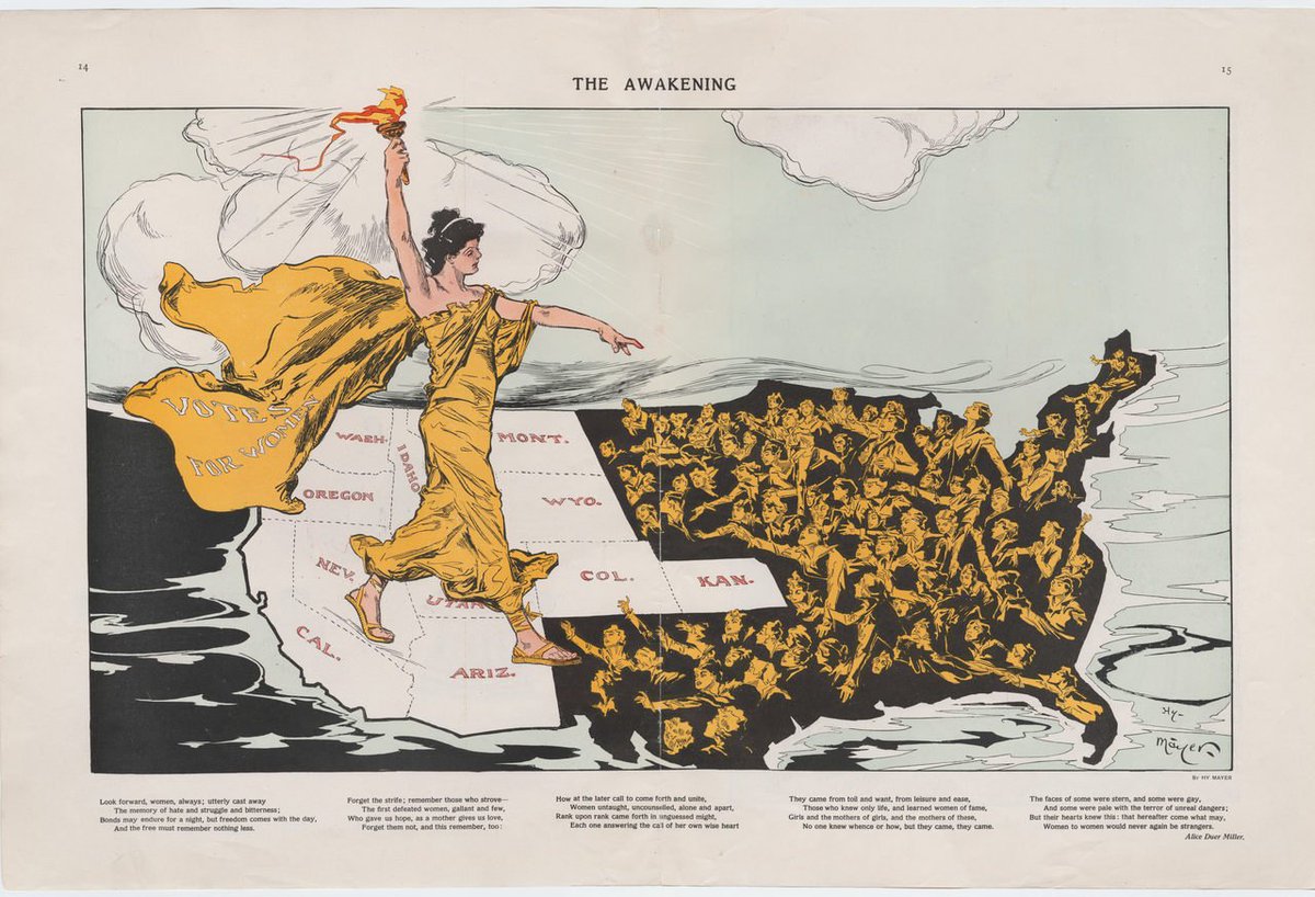 An illustration of a woman, with "votes for women" written on her dress, striding across a map of the USA