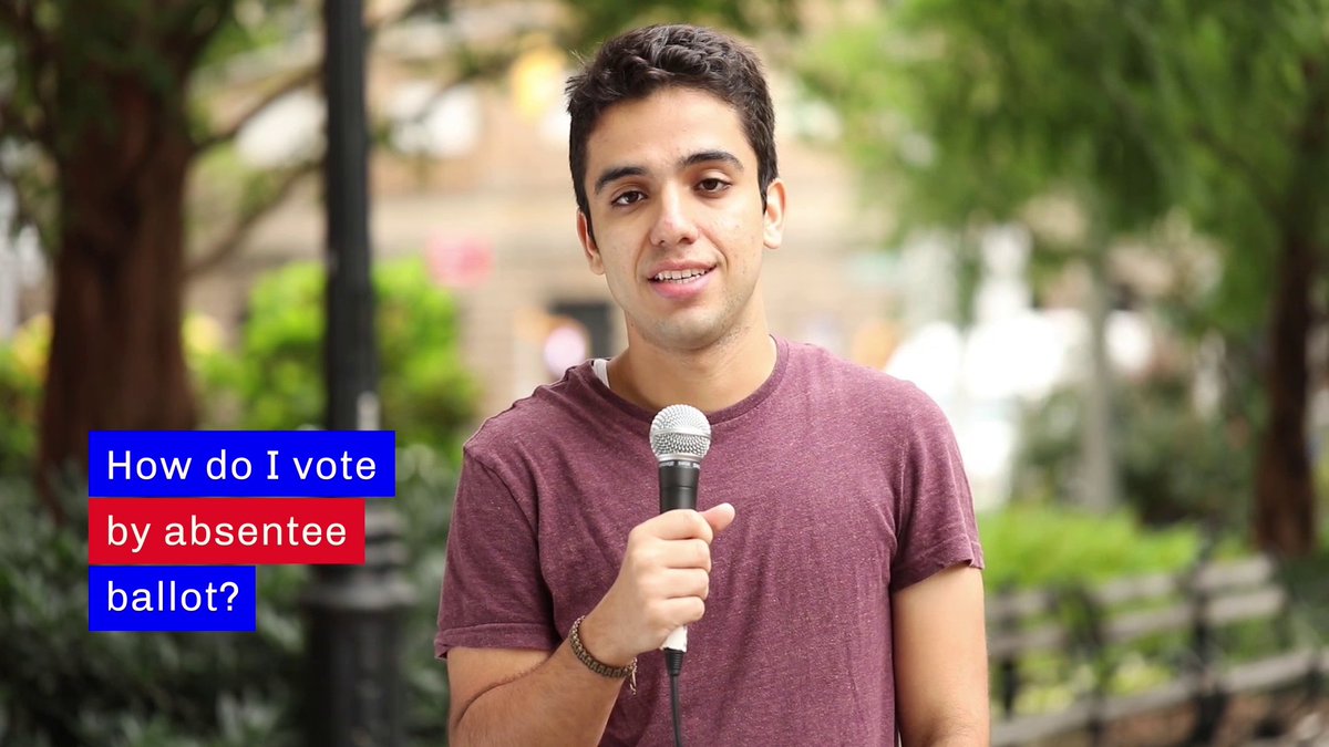 A young man with a microphone stands in a park. A graphic overlay in red, white, and blue says "How do I vote by absentee ballot?"