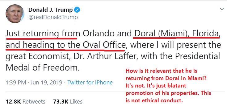 6/ UNETHICAL AND UNAMERICAN: Trump acts like a third rate dictator in a banana republic, tweeting his arrival, departure or meetings at HIS properties.“Note, he doesn't mention the property names of meetings he attends that are at non-Trump affiliated businesses.”- @tracygreen