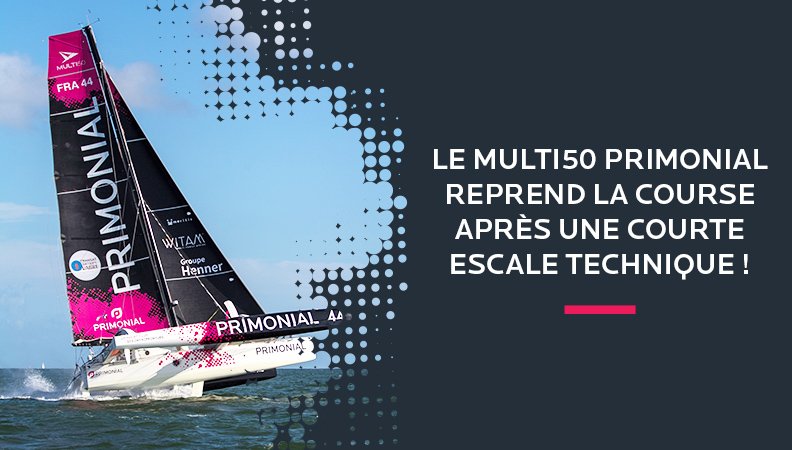[News @TransatJV_fr] Après une courte escale pour raison technique le #Multi50 #Primonial a repris la #course ! Merci à #Mindelo pour sa solidarité humaine et sportive ! Tous avec <a href="/sebrogues/">Primonial Sailing Team - Sébastien Rogues</a> et Matthieu Souben pour la suite de la Transat ! 💪#TransatJV #Courseaularge