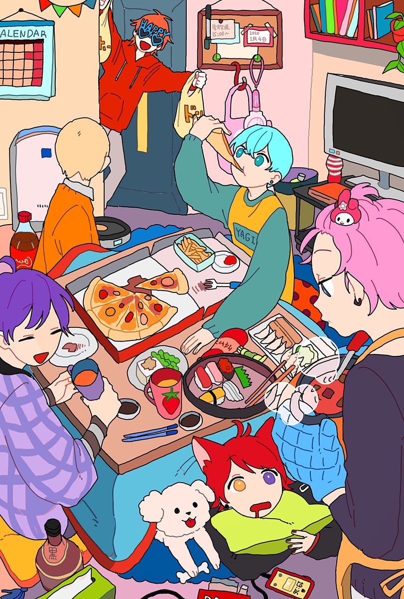 multiple boys heterochromia 6+boys red hair table food pink hair  illustration images