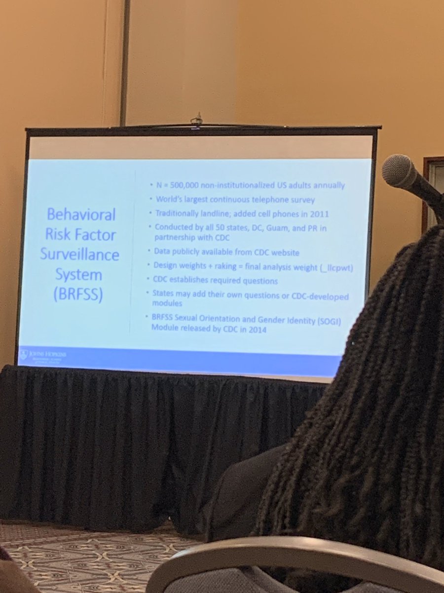 AprilAncheta_'s tweet photo. "What is happening to LGBT folks when policies change?" @KellanEBaker of @JHSPH_HPM gives informational talk on leveraging BRFSS data to explore this important question #LGBTQHealth #APHA2019 #APHALGBTQ https://t.co/ZbwtveMgY5