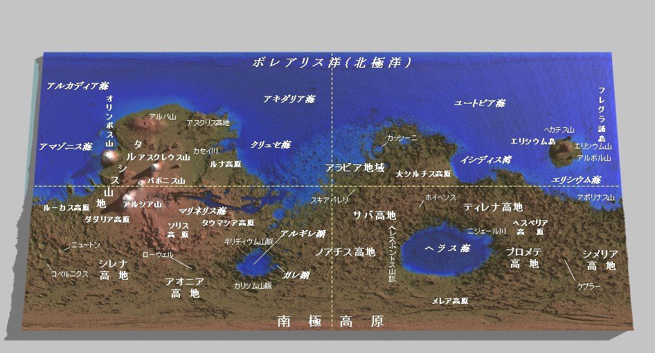 Masa Planetary Log テラフォーミングされた いつかの火星の地図です 火星表面の高低差のうち低い方から25 程度の標高を海水準としています テラフォーミング後の地名は 地域 Terra を 高地 平原 Planitia を 海 などと単純に読み替えた