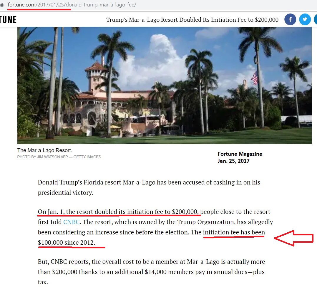 9/ CASHING IN: On Jan. 1 2017, Mar-a-Lago doubled its initiation fee from $100,000 to $200,000 just days before the inauguration. It had been $100,000 since 2012.“The blatant use of the presidency for financial gain shows alarming ethical violations,” says  @tracygreen.