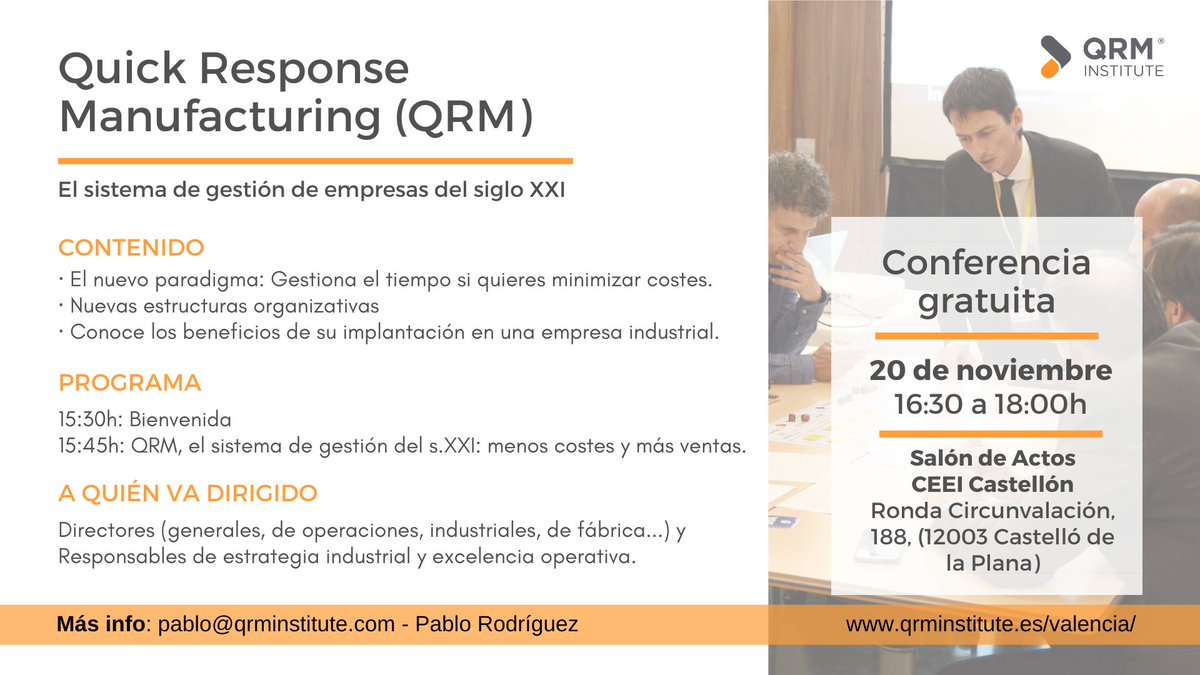 QRMInstitute's tweet photo. ¿Vives en #Valencia y quieres conocer el sistema de gestión de empresas del Siglo XXI? 👌🏽 En poco más de dos semanas estaremos en Castellón, dando la conferencia gratuita sobre #QRM (Quick Response Manufacturing). ⬇
https://t.co/2rY0e6Sb5r https://t.co/SnJe7RAJ6W